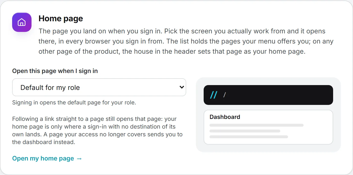 The Home page card, where you pick the page that opens after you sign in