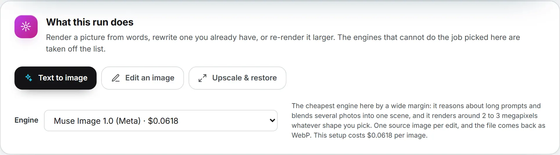 The job and the engine on the image form, with the engine's price shown before anything runs