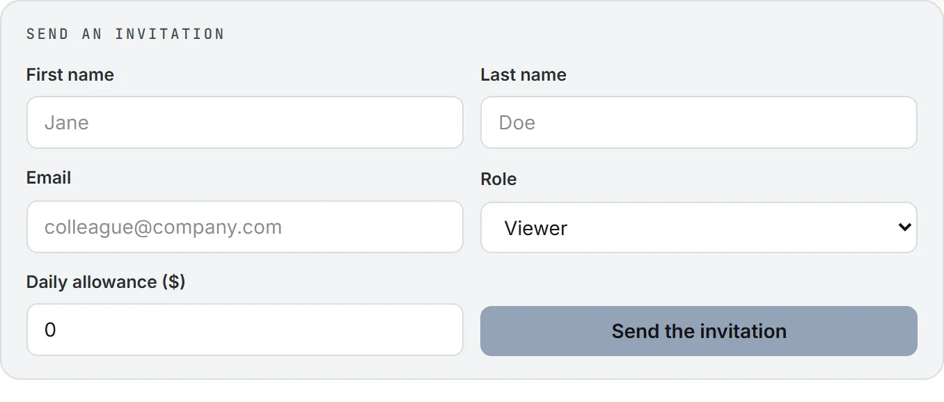 The invitation form, with the first name, last name, email, role and daily allowance of the colleague you invite