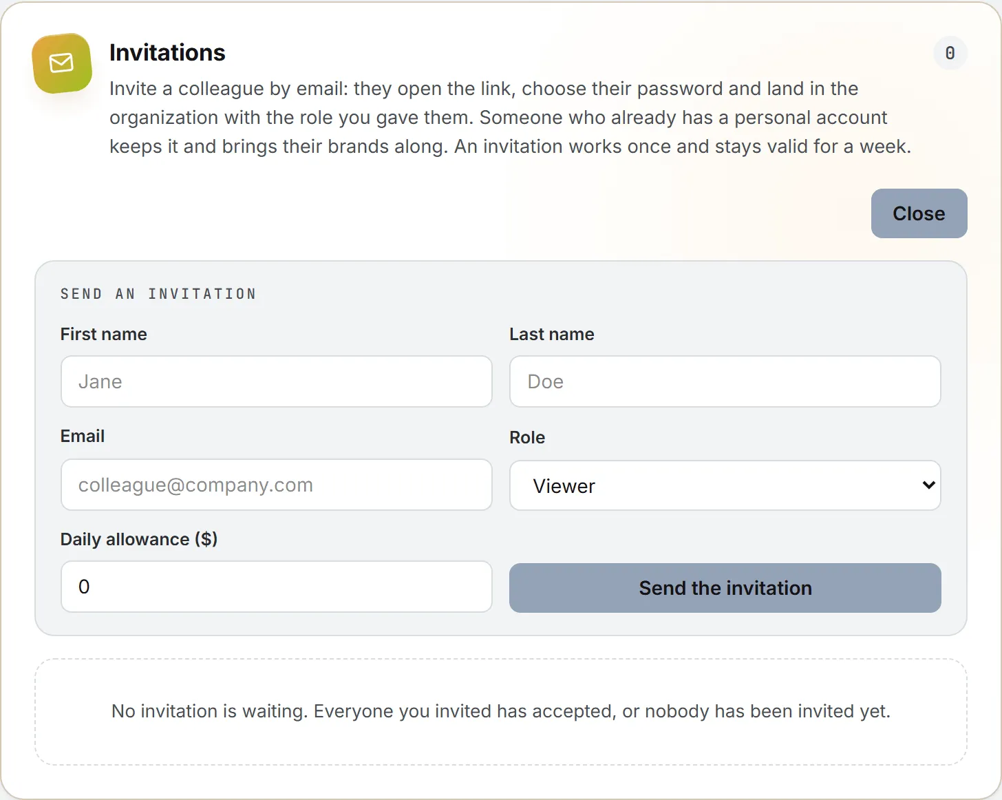 The invitation form on the Users page, with the name, the address, the role and the daily allowance to give