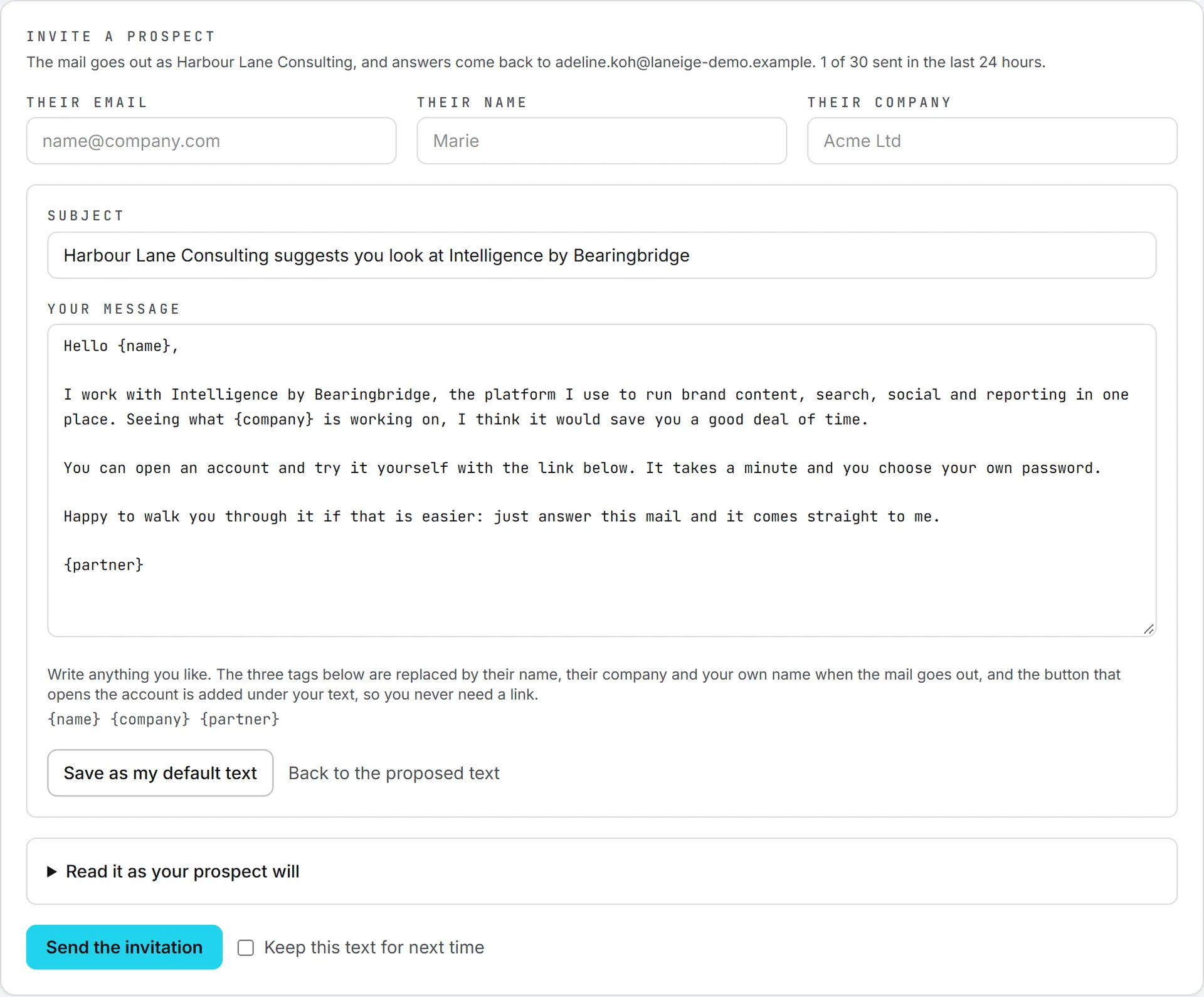 The Invite a prospect form, with the subject and the message BearingBridge proposes ready to be rewritten