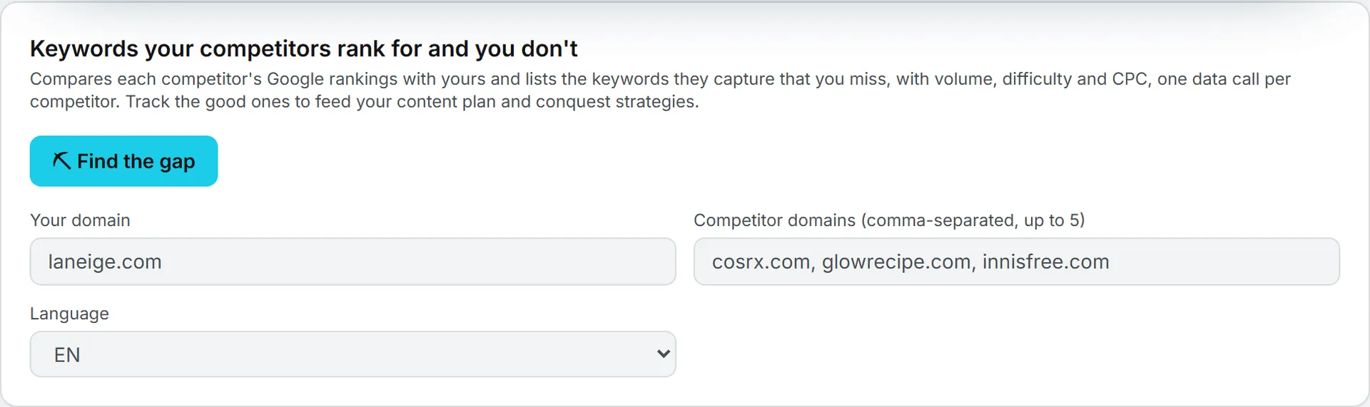 The Keyword Gap form, with your domain locked to the brand's website, the competitor field and the language list