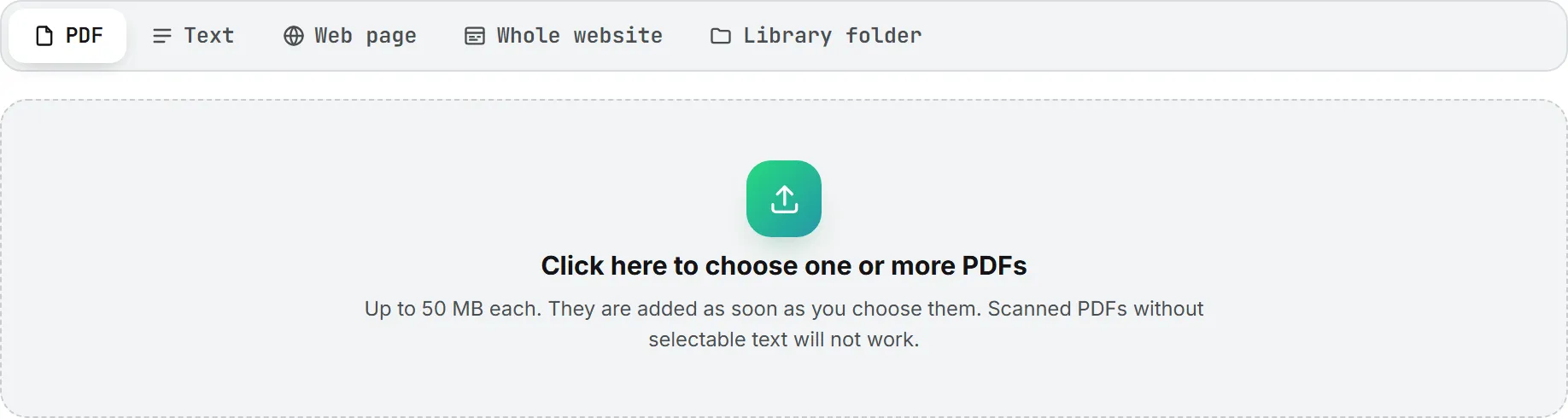 The Knowledge base card with its five ways in, PDF chosen, showing the drop zone that adds files as soon as you pick them