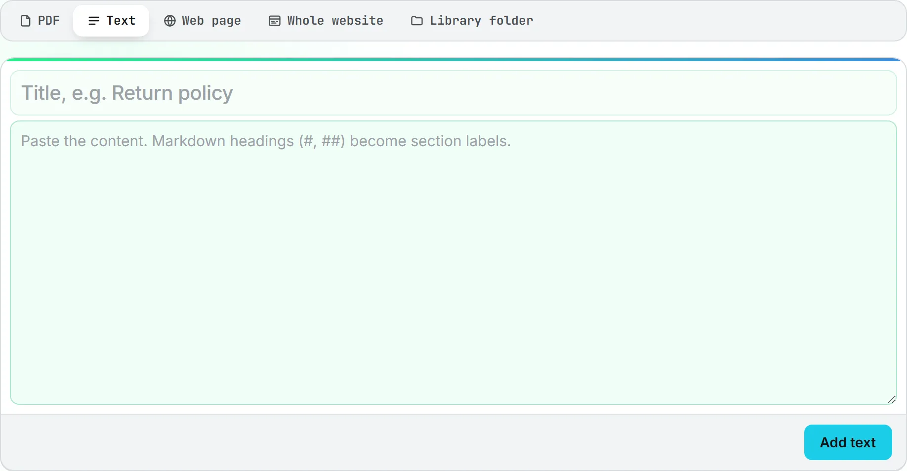 The Text panel of the Knowledge base card, with a title box, the area where the content is pasted and the Add text button