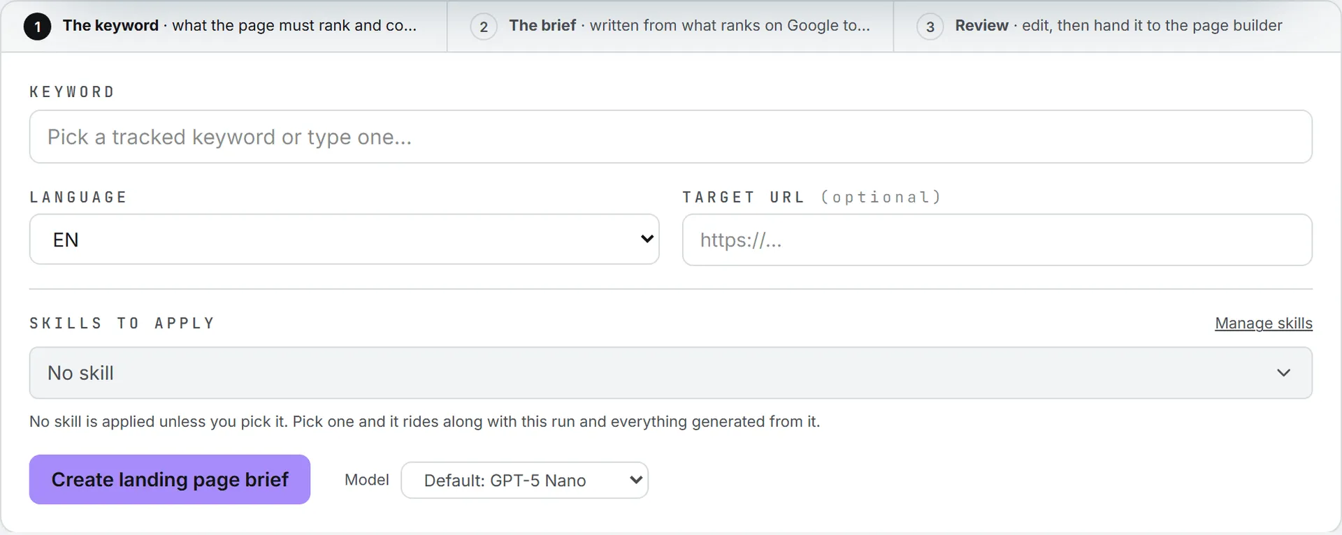 The landing page brief form in Brand Content, where you pick the keyword the page should target and the language it is written in