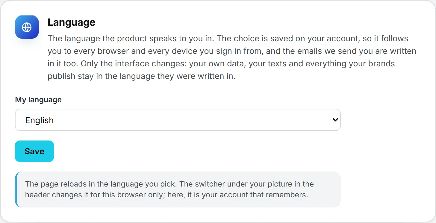 The Language card, where you pick the language the screens are written in