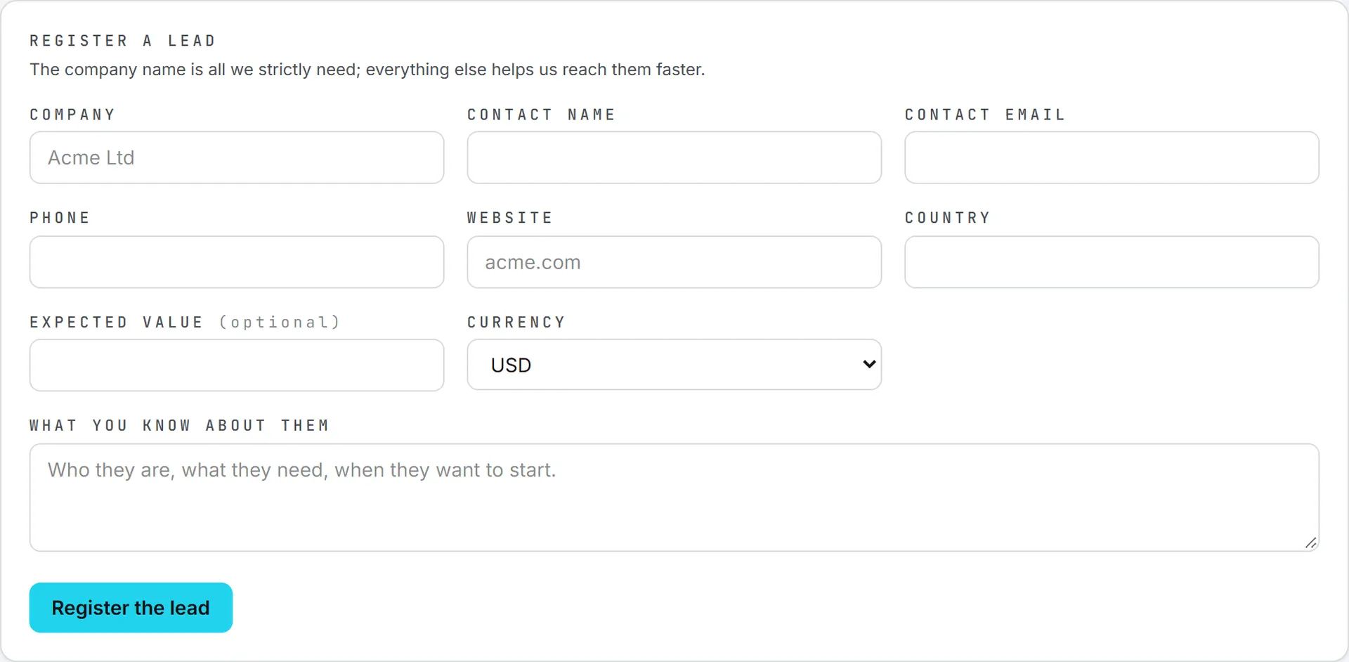 The Register a lead form, where the company name is the only field you have to fill in