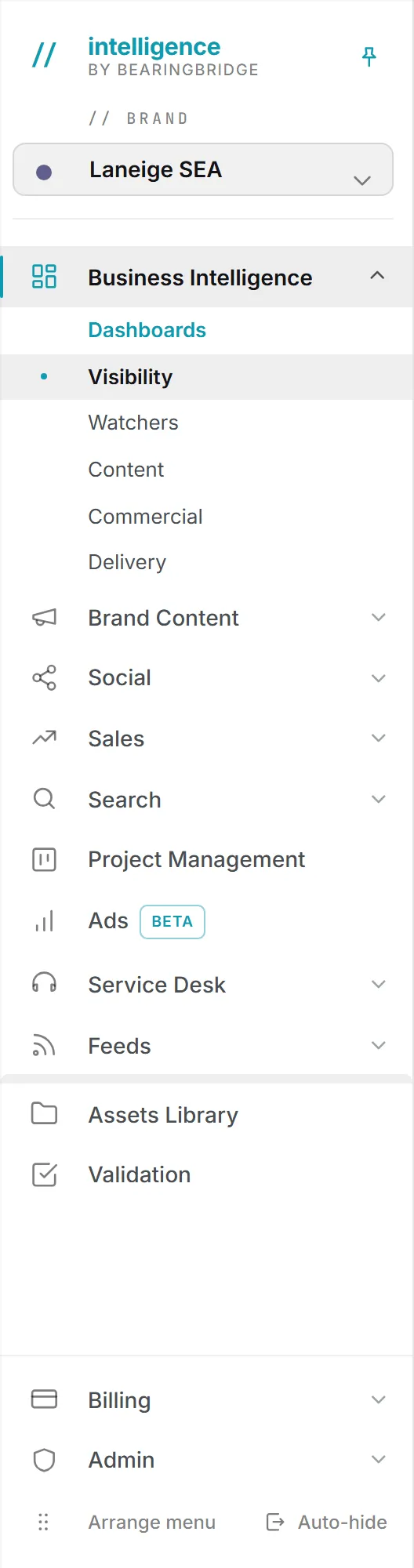 The left menu, with one group per capability and Billing and Admin kept apart at the foot