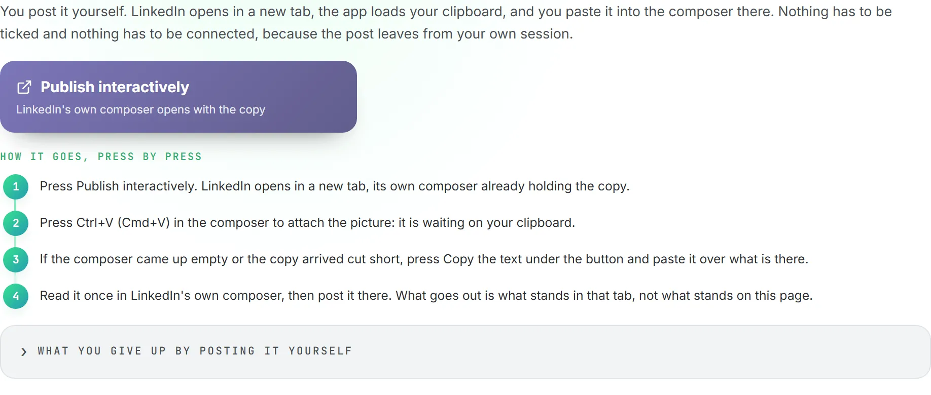 The manual tab on a LinkedIn post, with Publish interactively and the notes on the clipboard and the copy