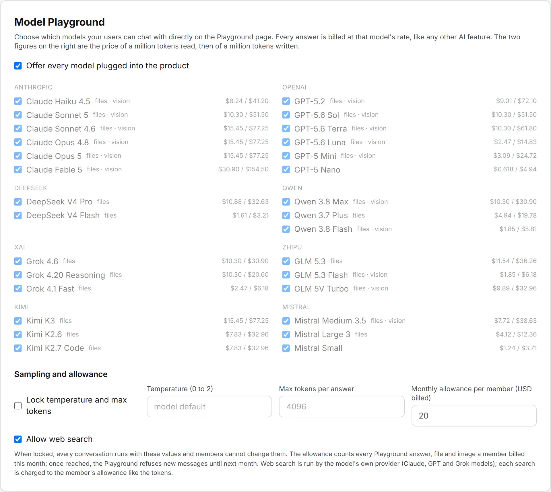 The Model Playground card, with the models members may chat with and the sampling and allowance settings under them