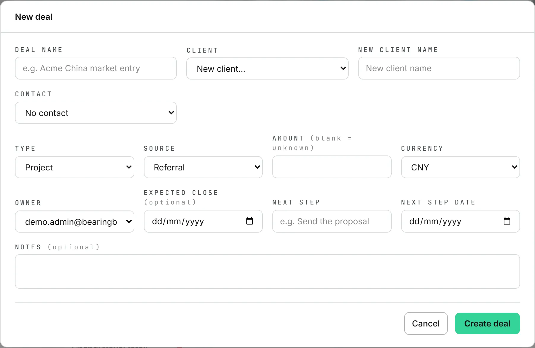 The New deal form, with the deal name, client, contact, type, source, amount, owner and next step fields