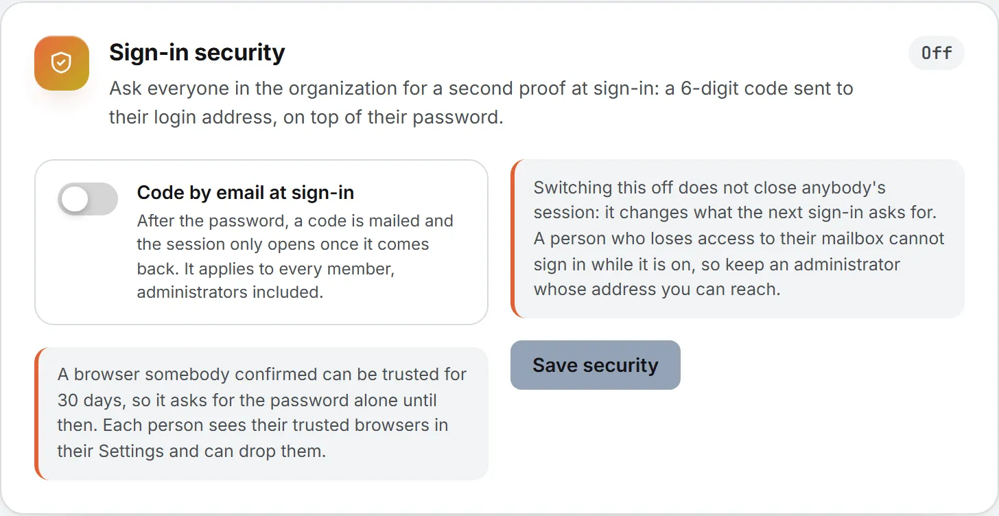 The Sign-in security card on the Organization page, with the switch that asks everyone for a code by email