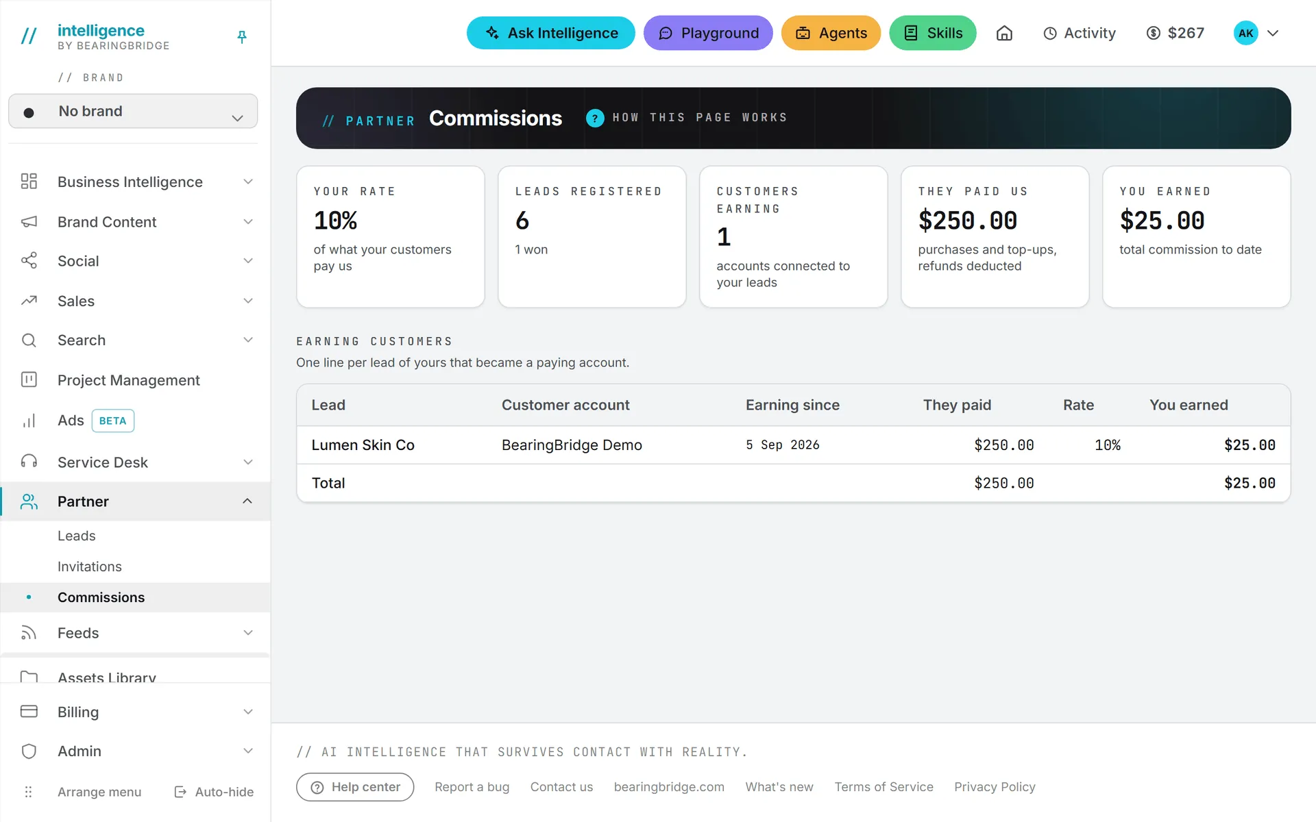 The Commissions page a partner lands on after signing in, with the rate first and the total earned last
