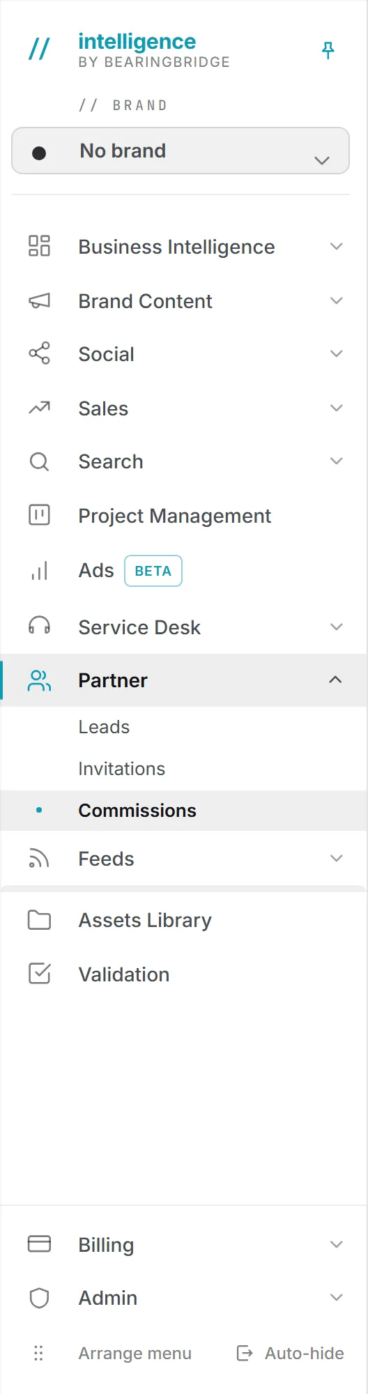 The Partner group in the left menu, open on its three pages: Leads, Invitations, and Commissions