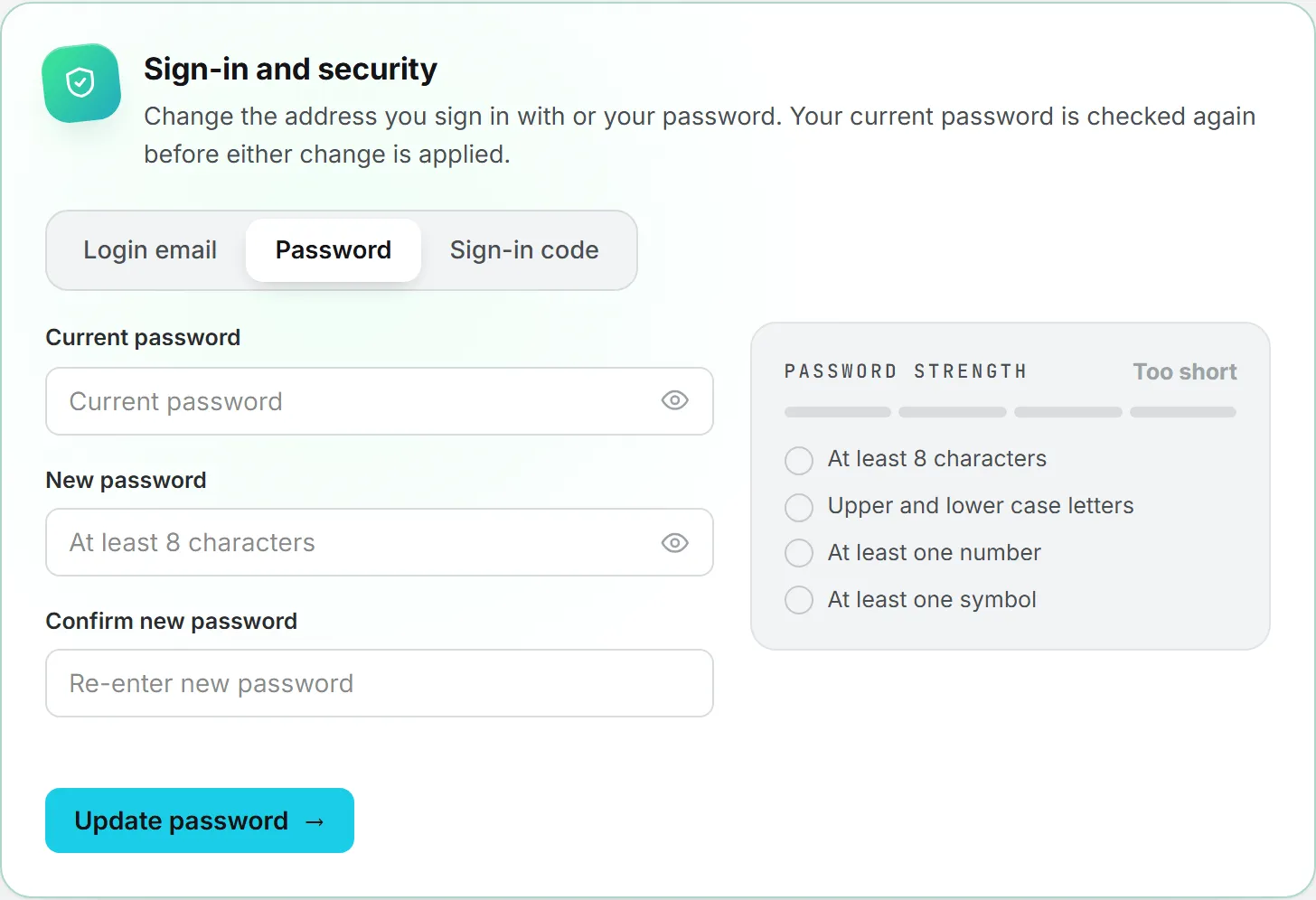 The Sign-in and security card on its Password tab, with the current password, the new password and the strength meter