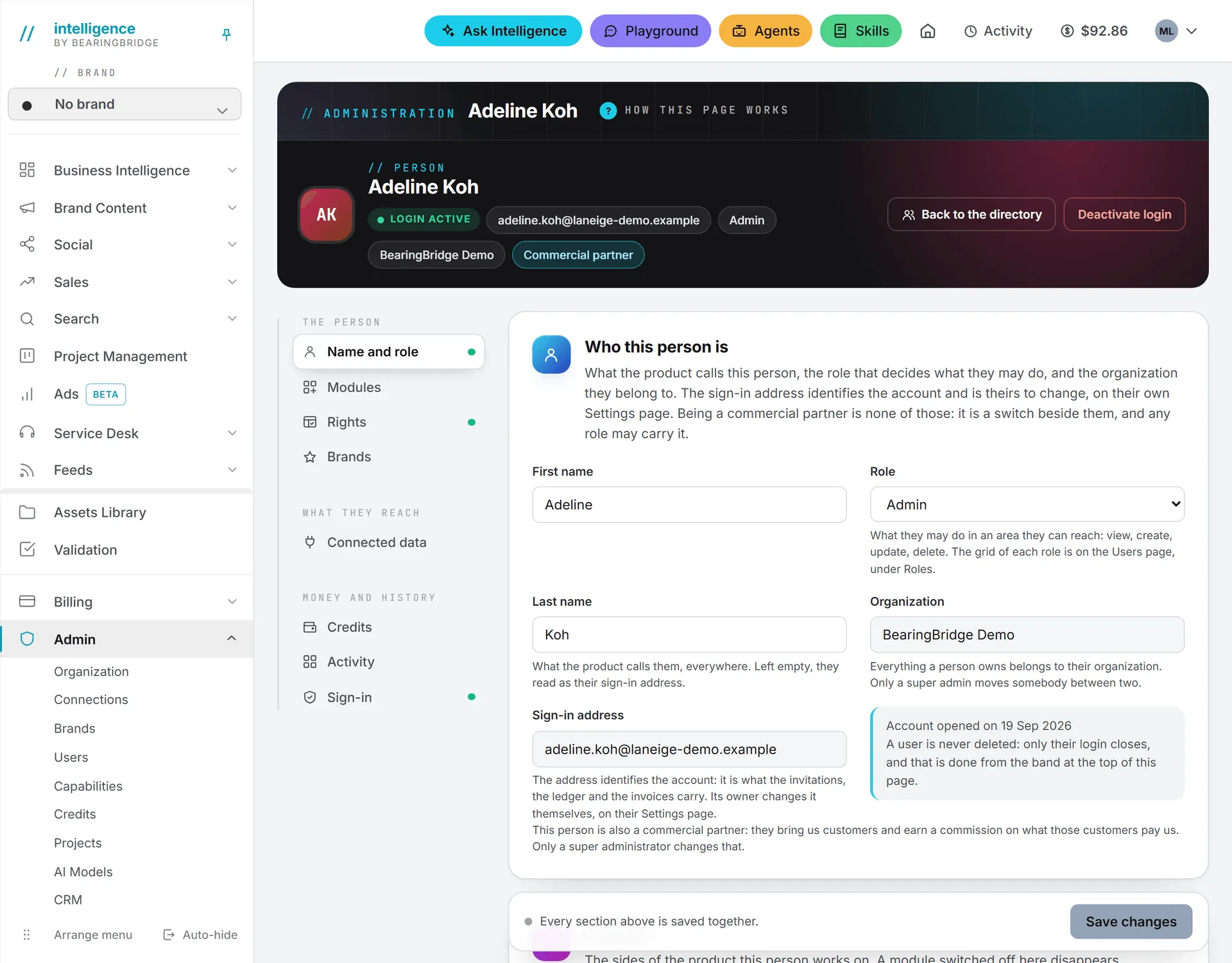 A person's own page, opened from the directory, with the band showing their login, role and organization above the cards that set what they reach