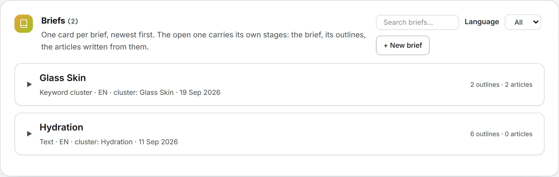 The Briefs list of the article workspace, one card per plan with its source, language, cluster, date and how many outlines and articles it holds