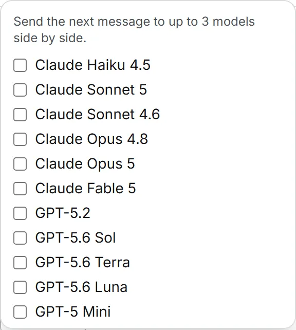The Compare list, where up to three models are ticked to answer the same message