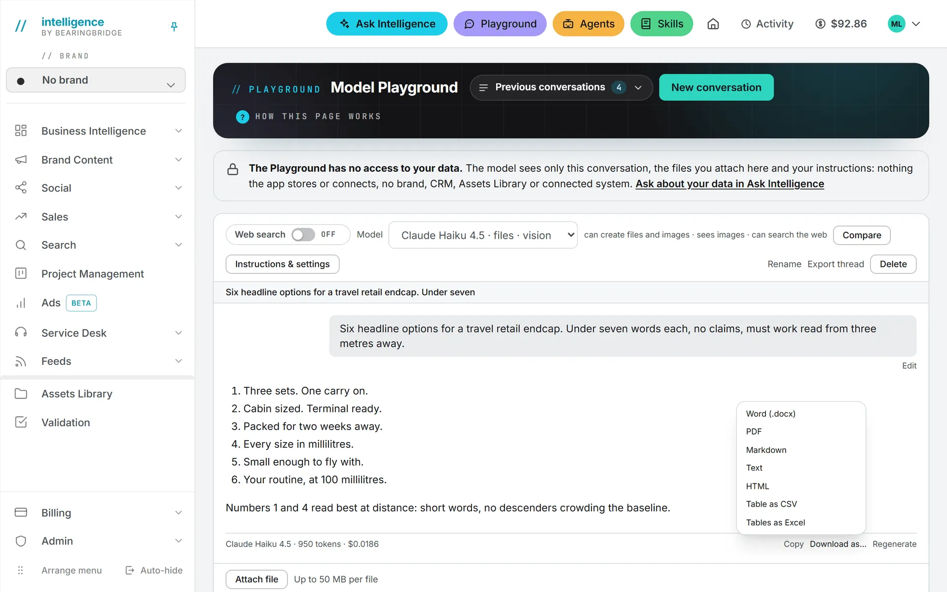 The Download as menu open under a Playground answer, offering Word, PDF, Markdown, Text, HTML, and the two table formats