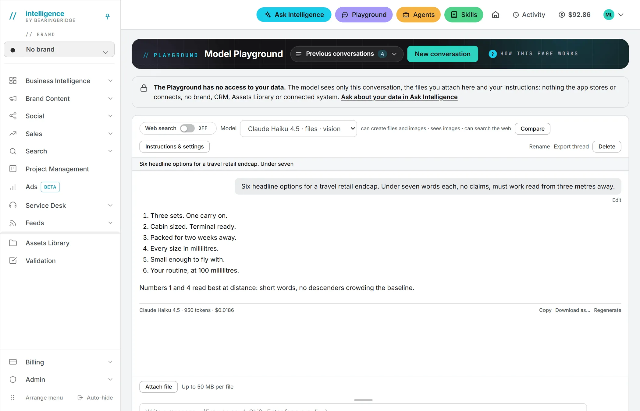 The Playground with a conversation open, the model list and the Web search switch above it and the price under the answer