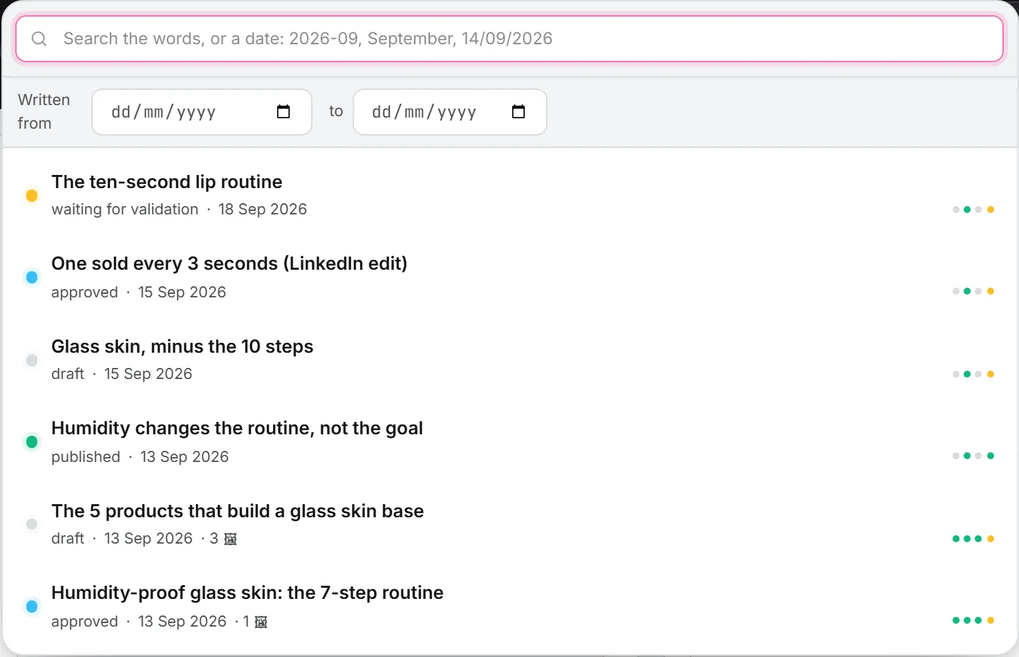 The post list open over the studio, with the search box, the two date fields and one row per post