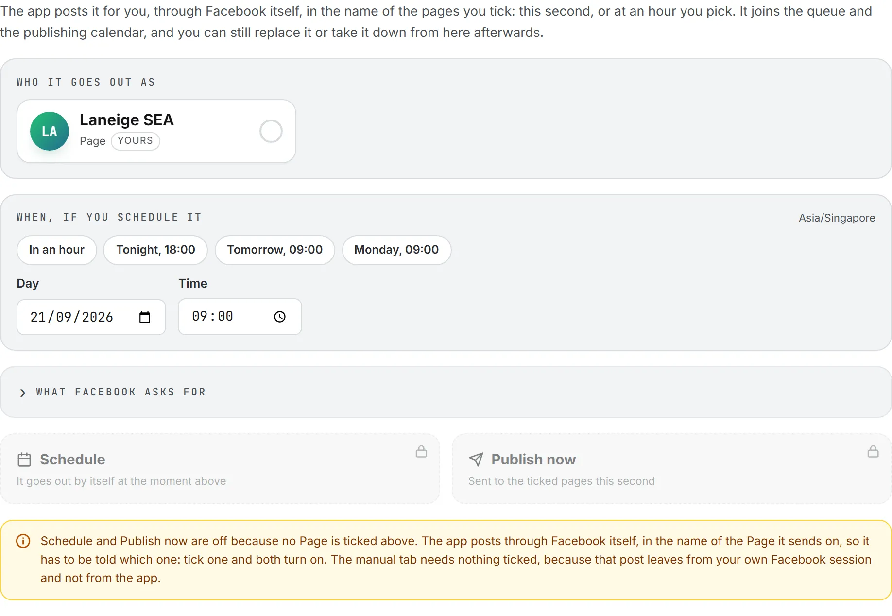 The Publish automatically tab, with the page to tick, the day and time fields and the two buttons under them