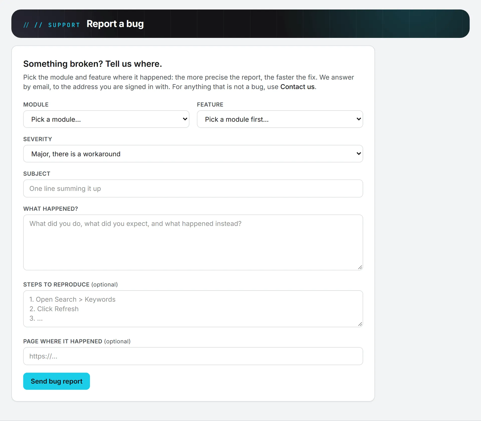 The Report a bug form, with the module, the feature, and the severity above the description