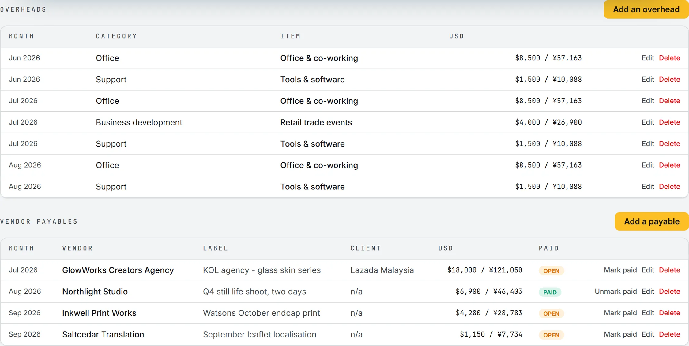 The Costs tab, with the overheads table above and the vendor payables table below it