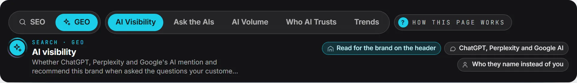 The Search band on the GEO page, with its five tabs from AI Visibility to Trends