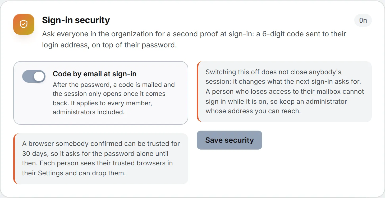The Sign-in security card, with the switch that asks every member for a code by email at sign-in