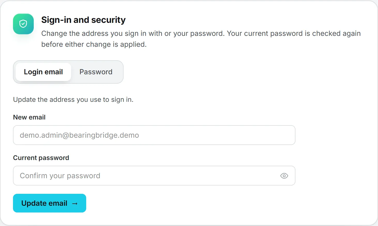 The Sign-in and security card in Settings, with its Login email and Password tabs