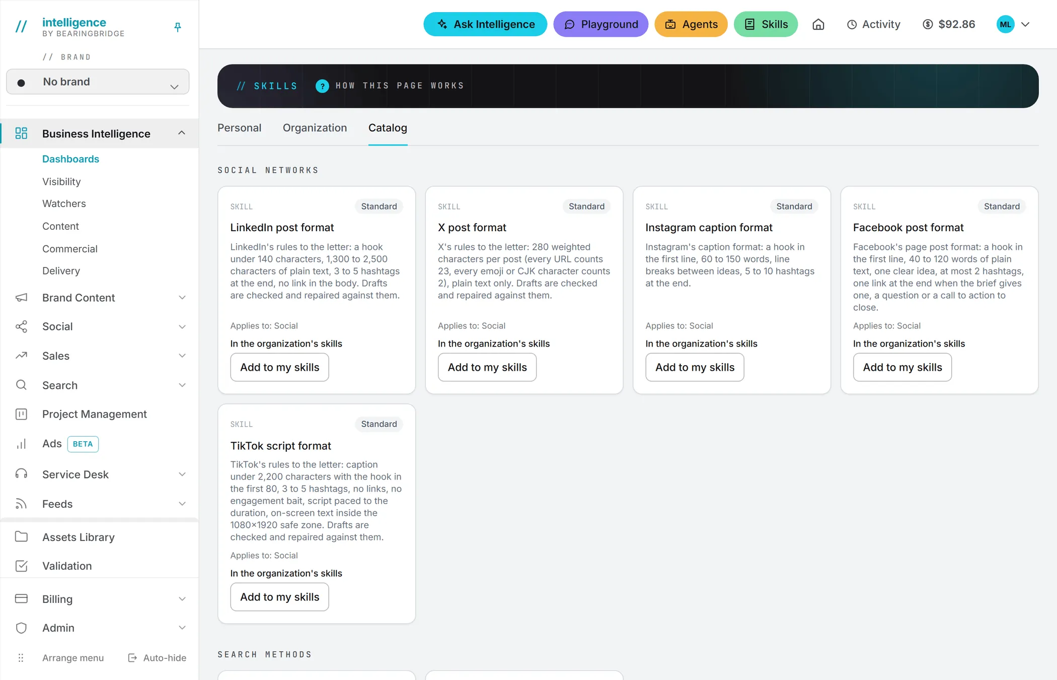 The Catalog tab of the Skills area, with the social network formats carrying a Standard tag and the search methods under them