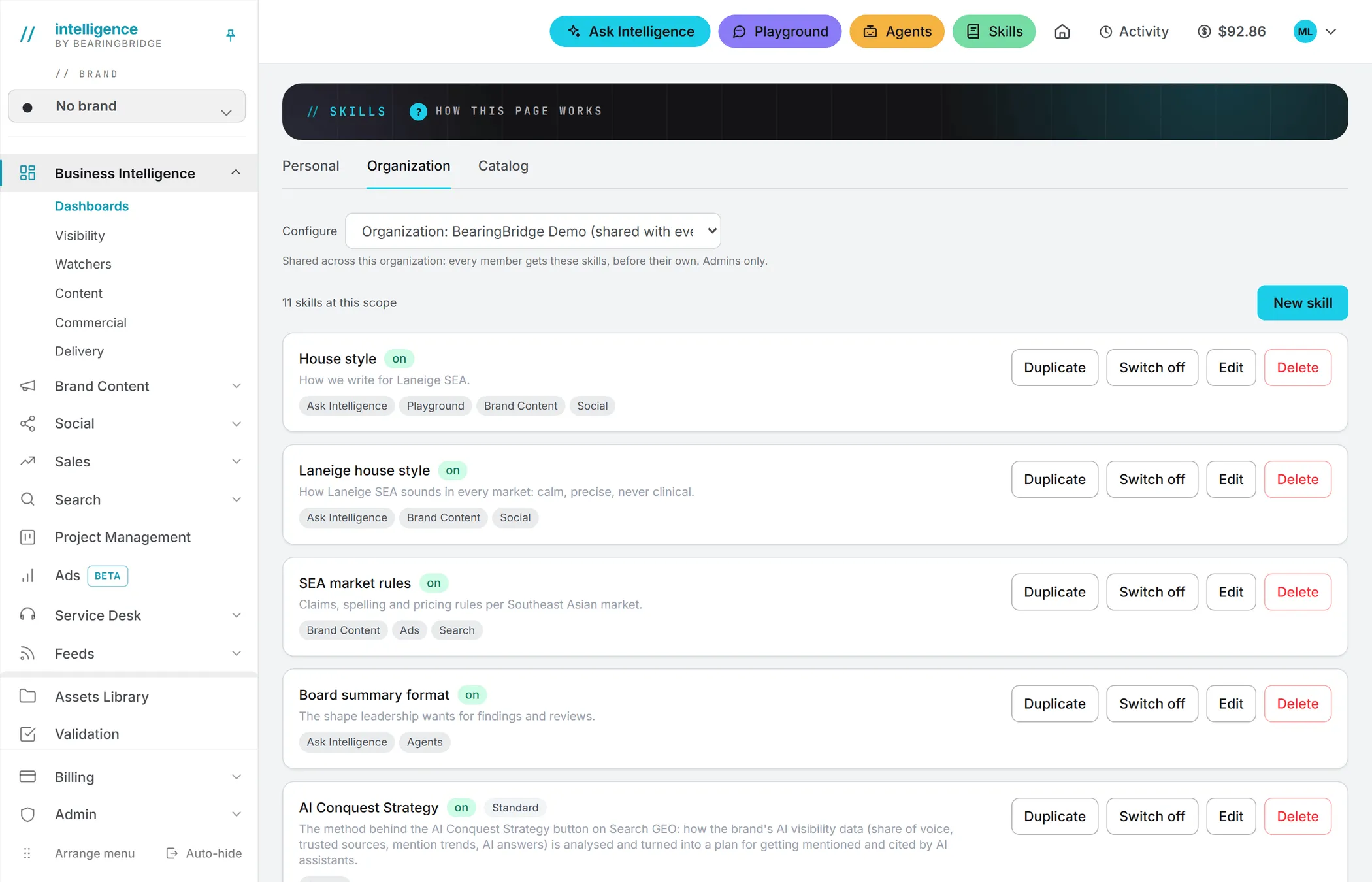 The Organization tab, with the Configure menu on top and the skills shared with everyone in the organization