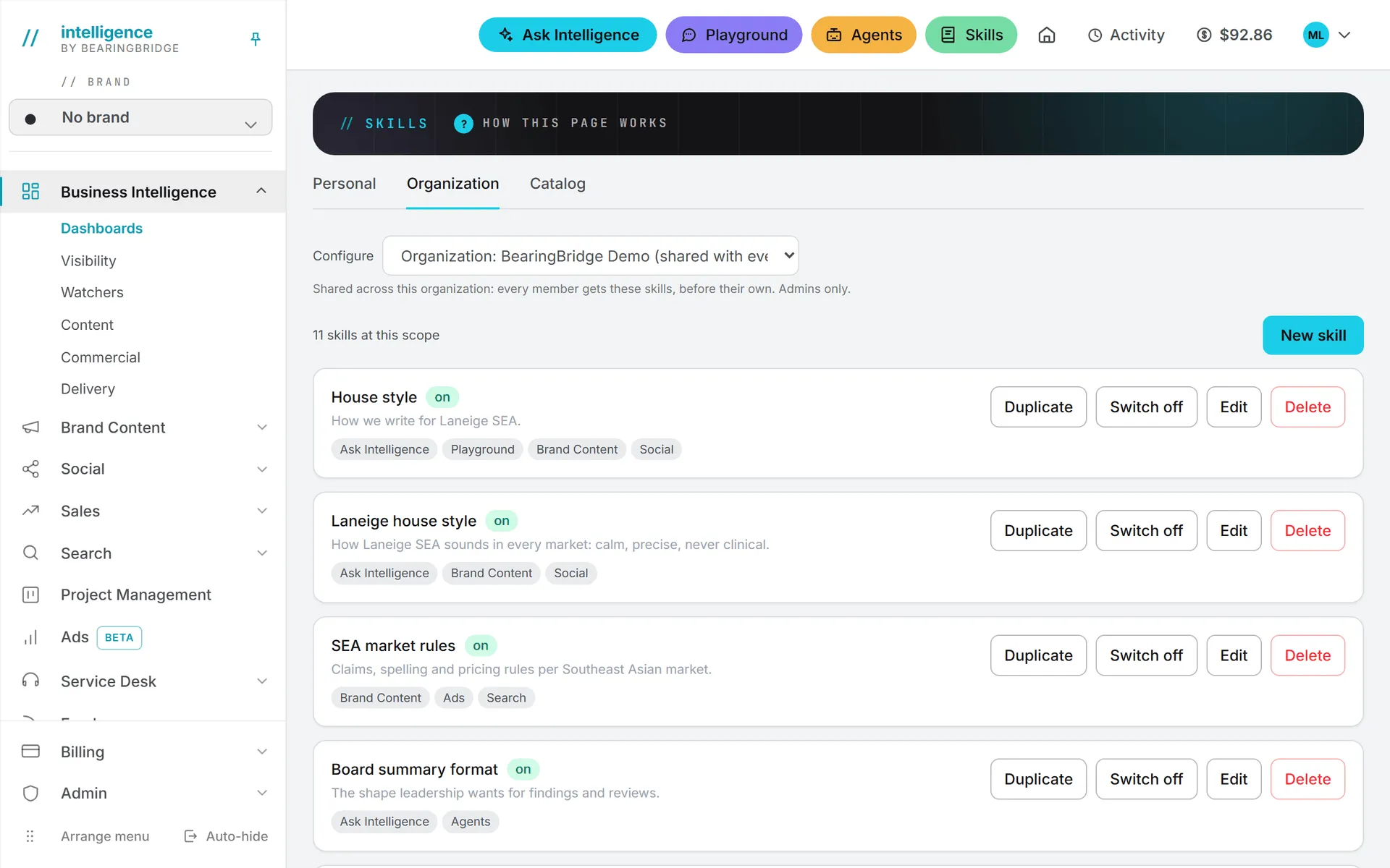 The Organization tab of Skills, listing the instructions the AI follows and where each one applies