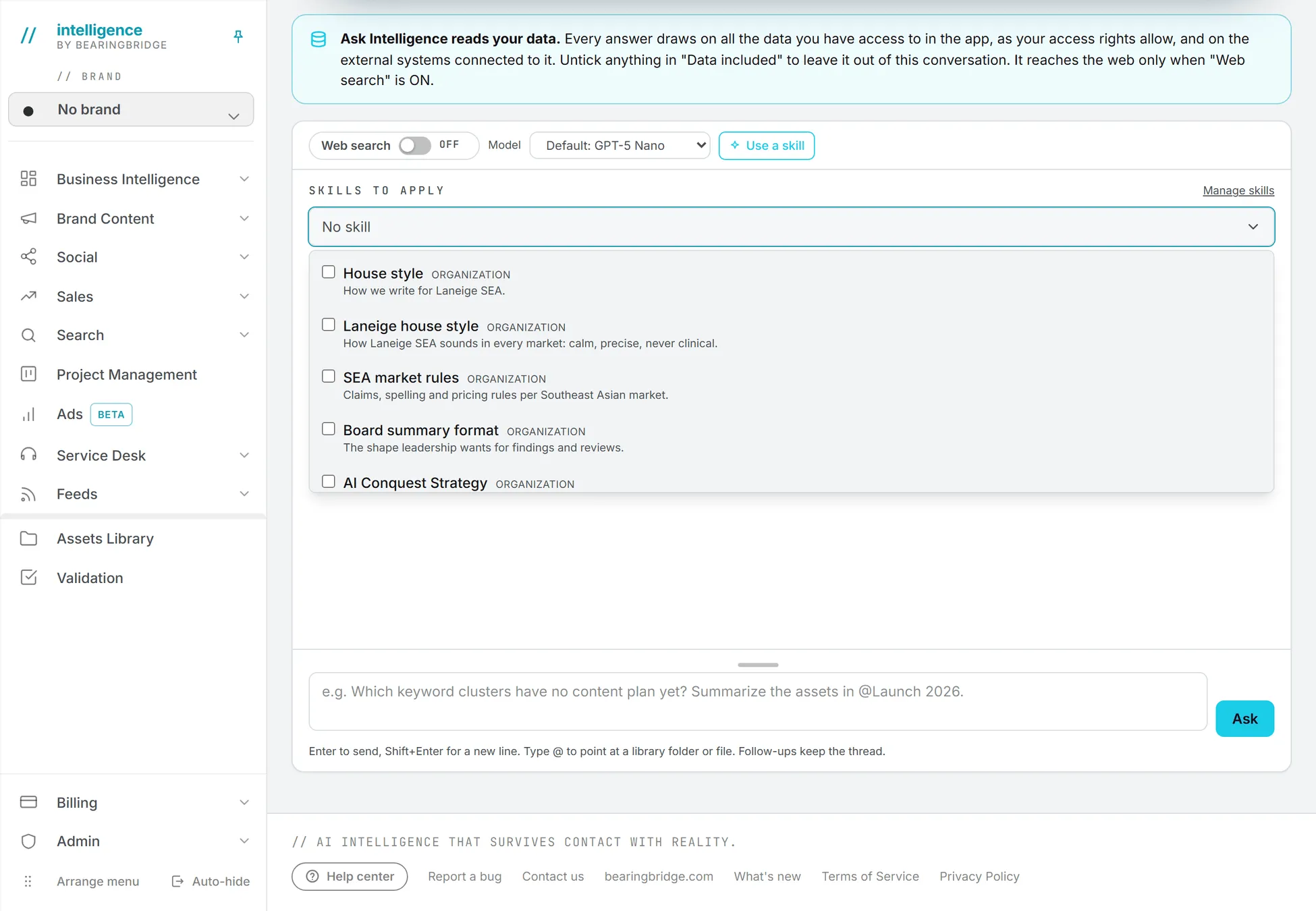 The skills picker open behind Use a skill on Ask Intelligence, listing the organization's skills and your own