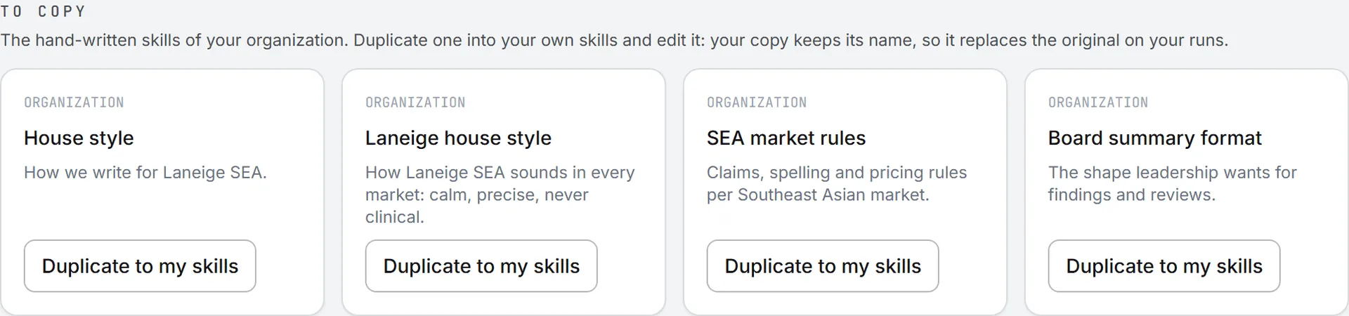 The To copy section, with the skills the organization wrote by hand and the button that duplicates one into your own skills