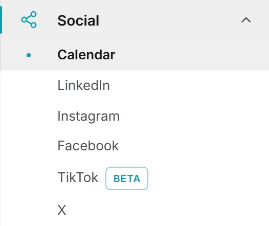 The Social group open in the left menu, with Calendar, LinkedIn, Instagram, Facebook, TikTok and X under it