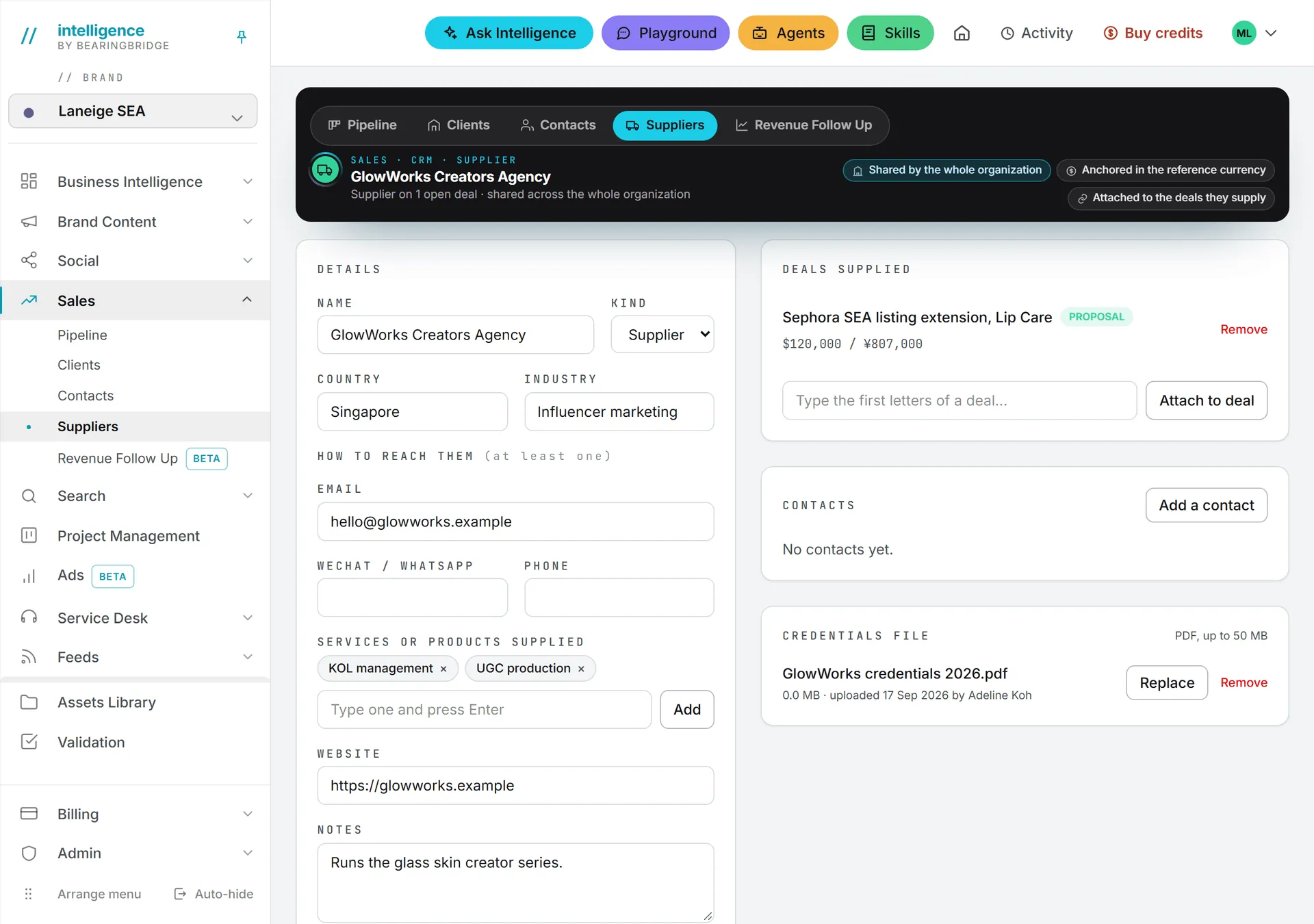 A supplier page, with its details, the deal it supplies and its credentials file