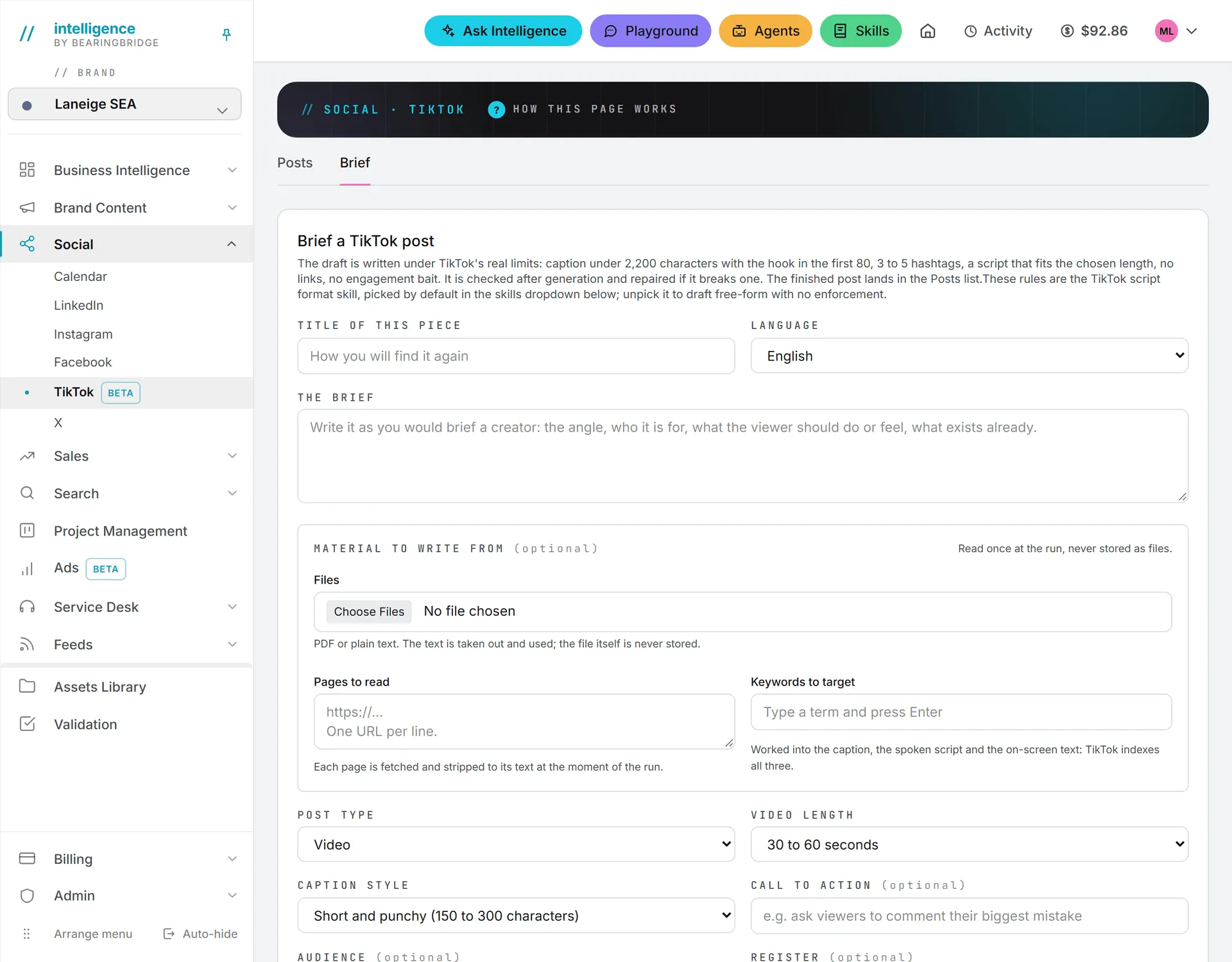 The TikTok Brief page, where a whole post is briefed: the angle, the material, the length and the caption style