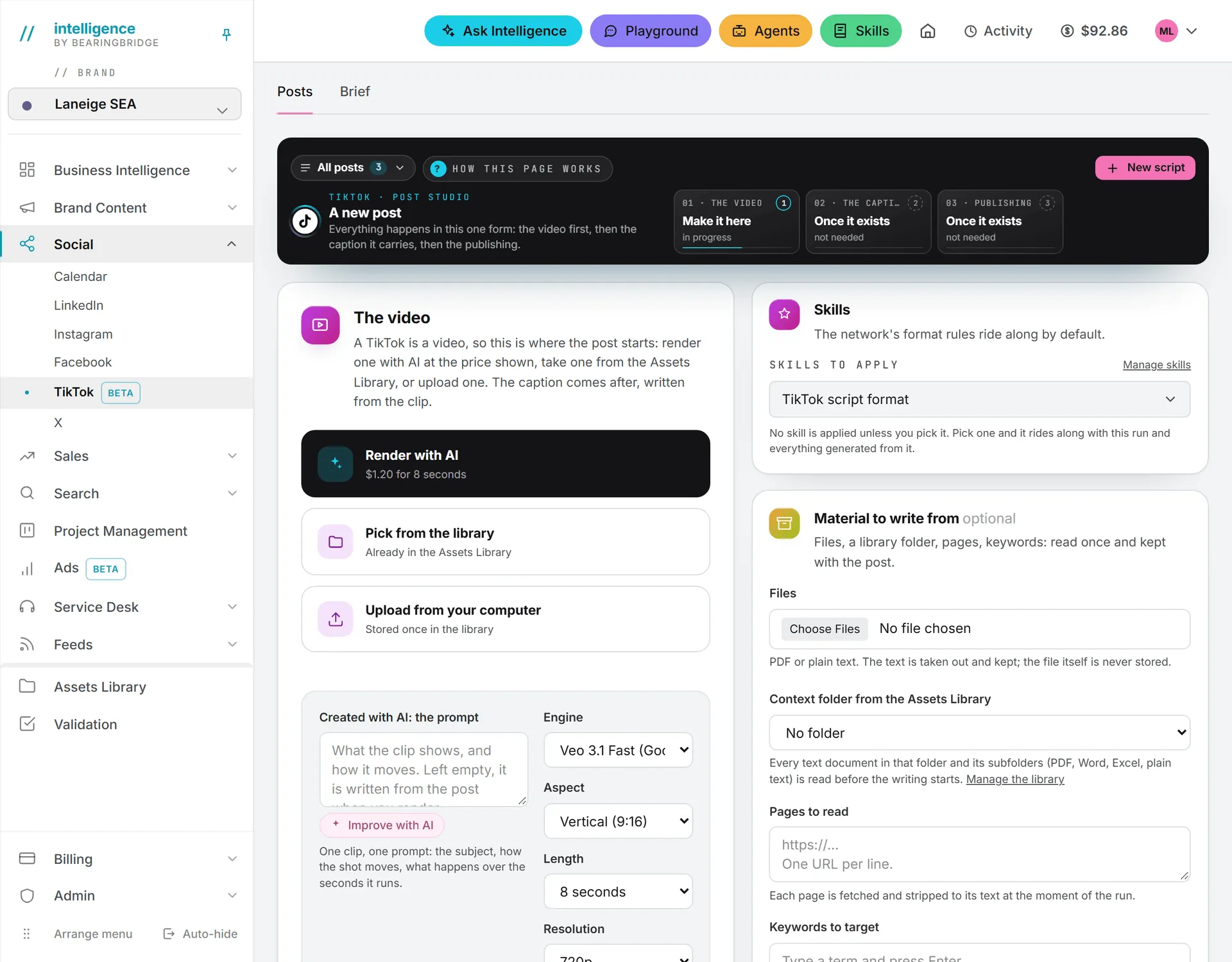 The TikTok studio on a new post, where the clip is rendered, picked or uploaded before any caption exists