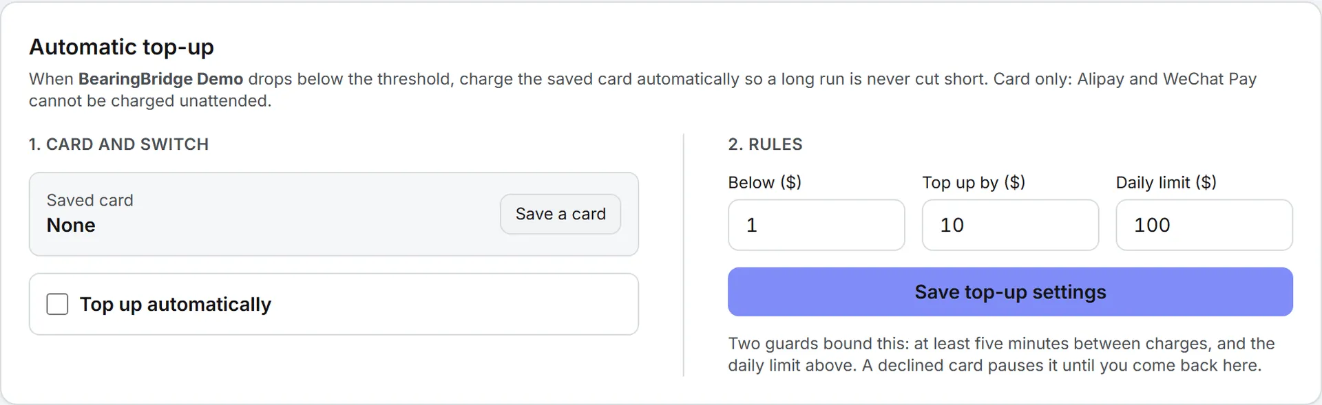 The Automatic top-up card on Buy Credits, with the saved card, the Top up automatically box and the three rules