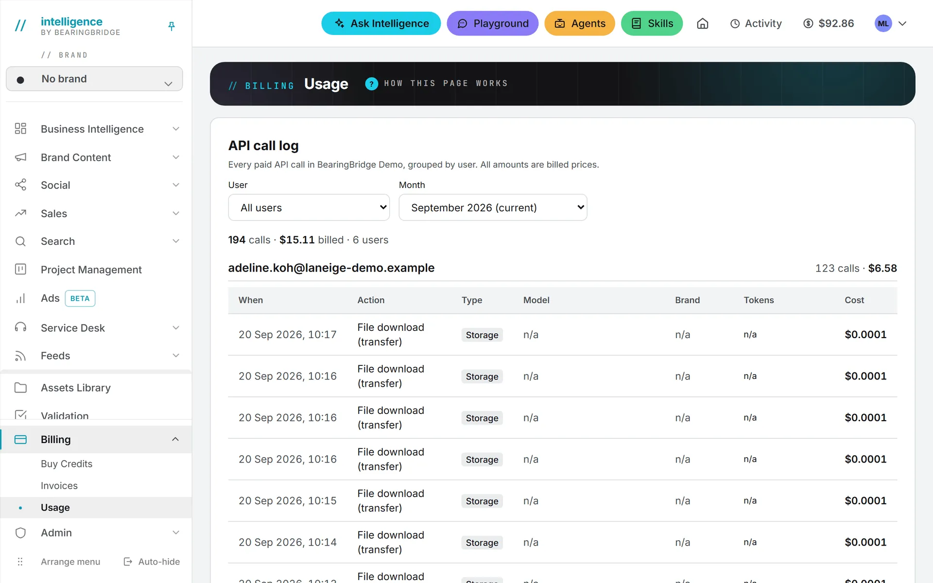The Usage page, listing each paid action with the time it ran and what it cost