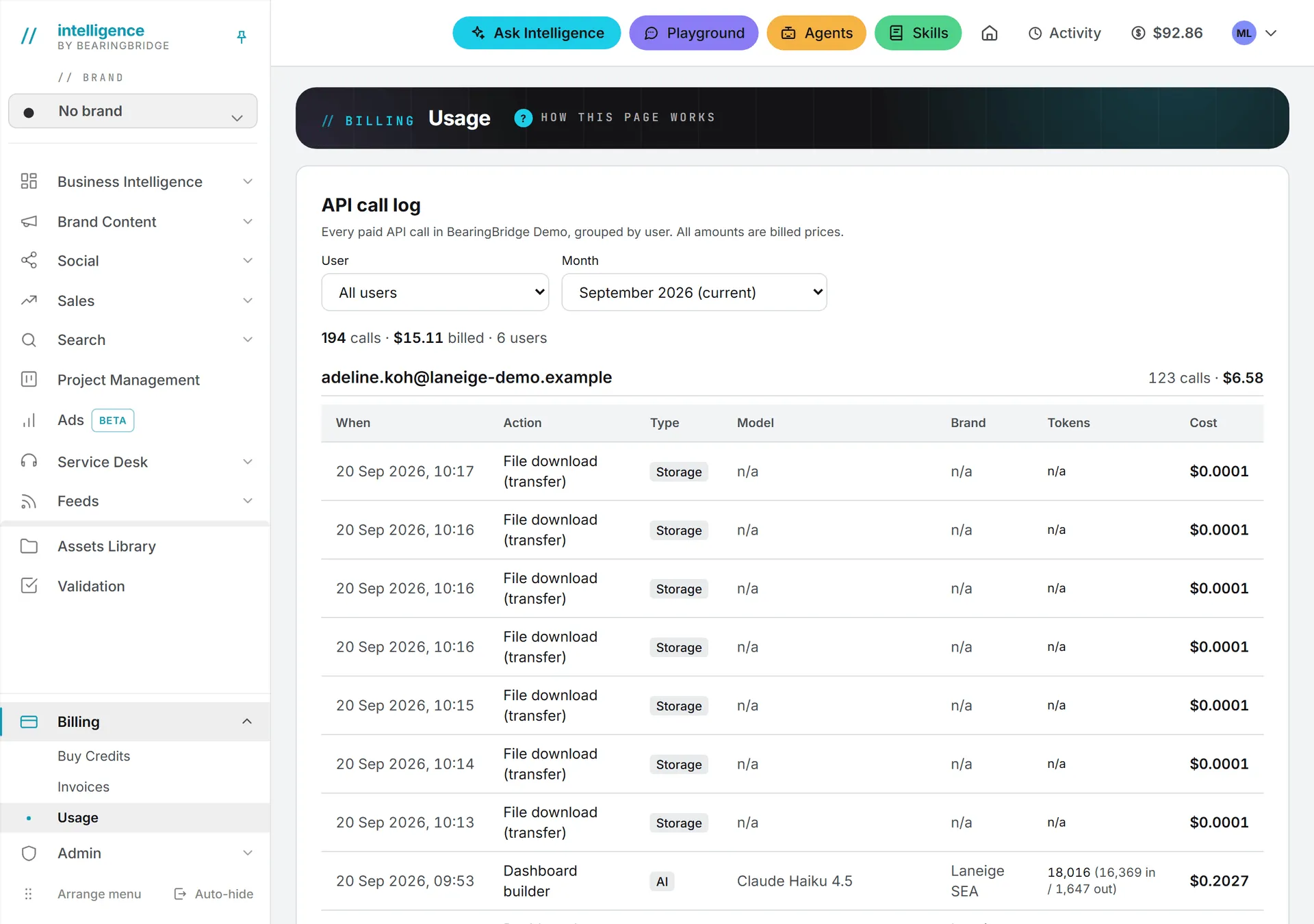 The Usage page, with the month and user filters and the month's total at the top of the API call log