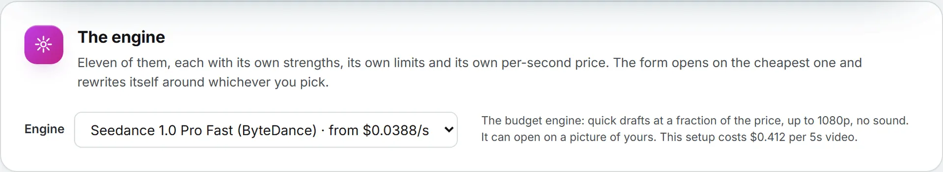 The Engine list on the Video generation page, with what the chosen engine is good at and its rate per second beside it