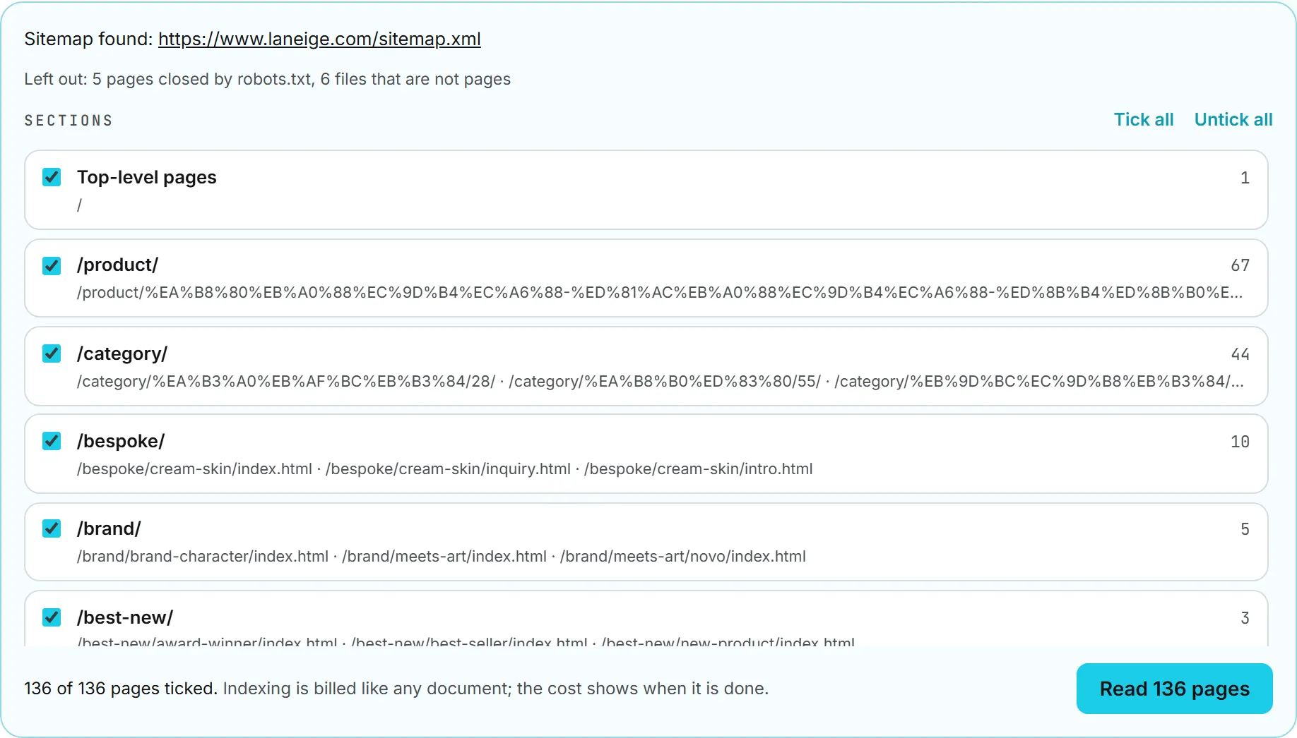 The plan the sitemap check returns, with the sitemap it found, the pages left out and one tick box per section of the site