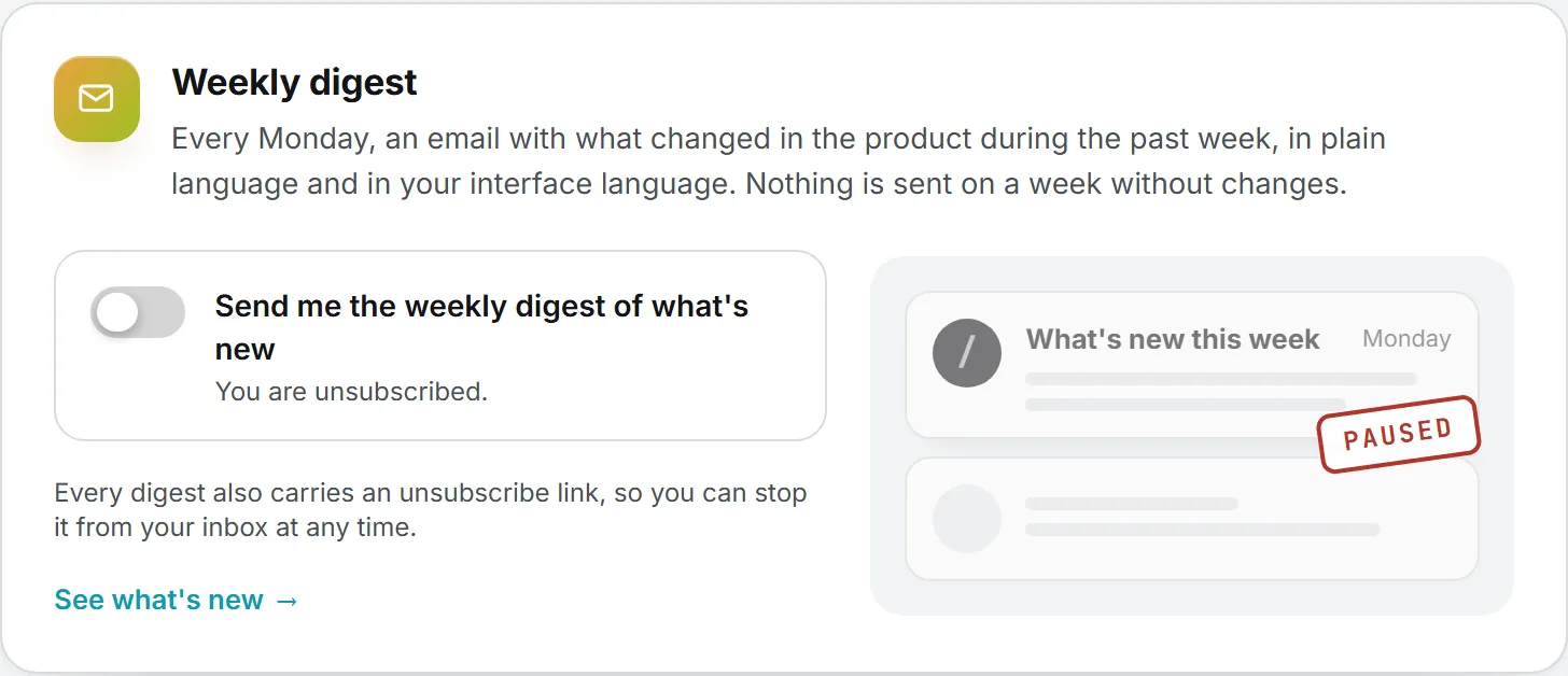 The Weekly digest card in Settings, where one switch decides whether the Monday email goes out, here switched off