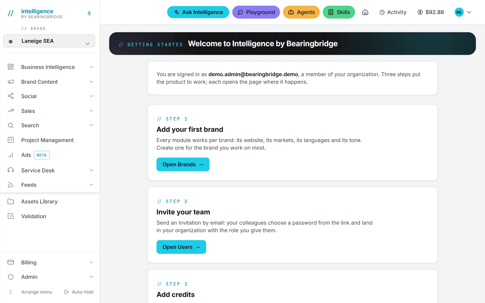 The welcome page, with your first steps and a button to the page where each one happens