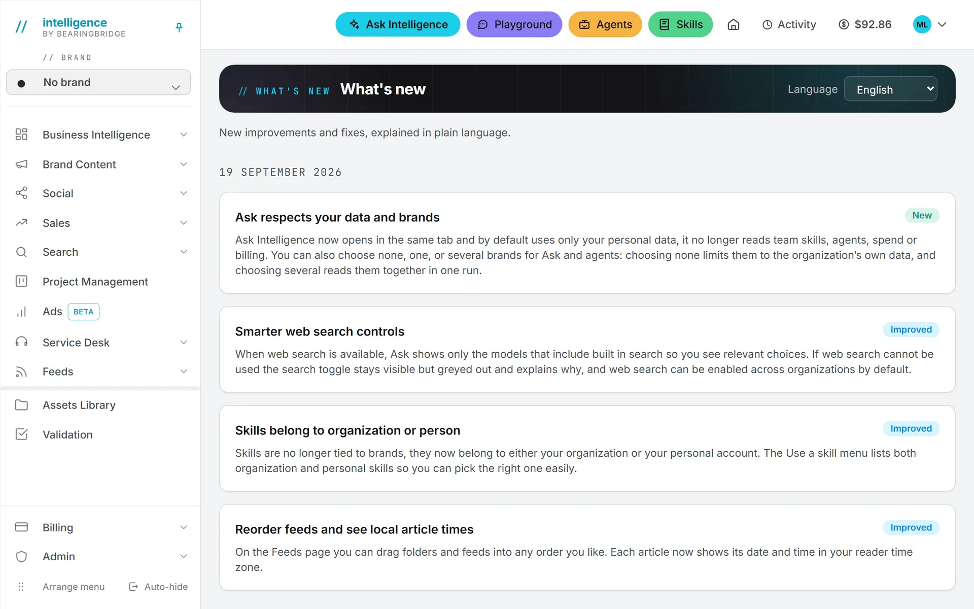 The What's new page, with the newest release day on top and each entry carrying a New, Improved, or Fixed tag