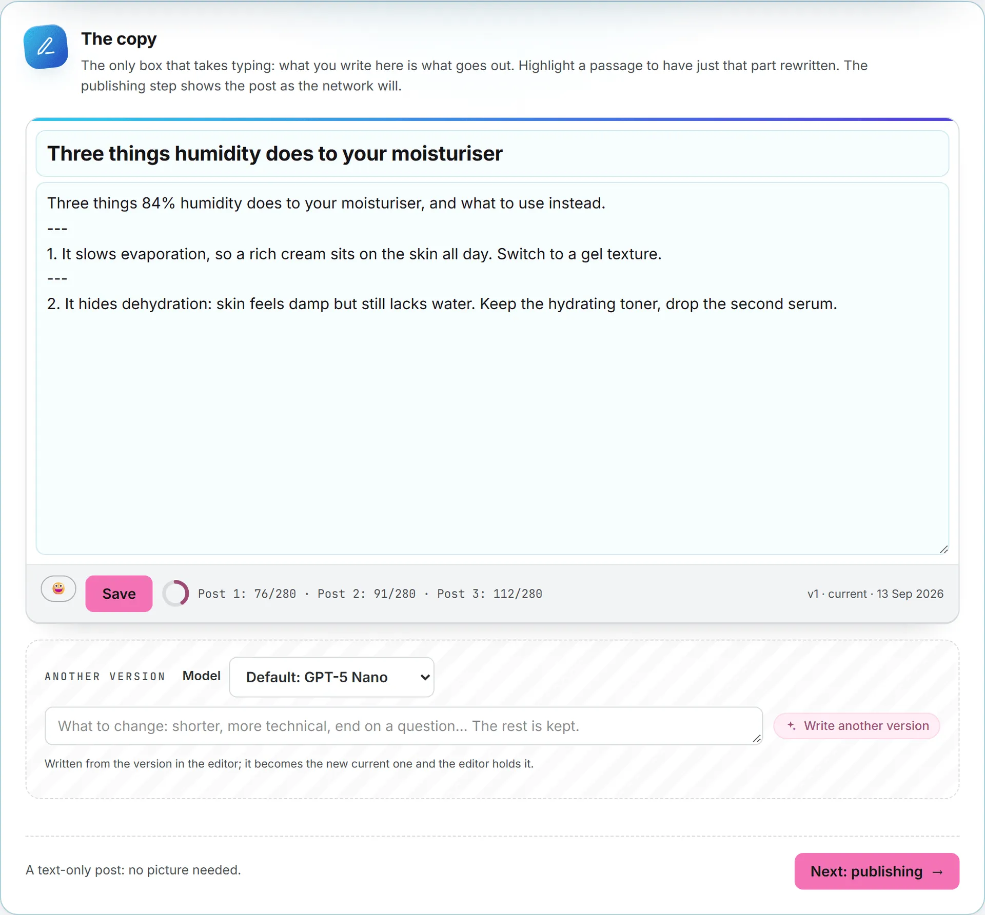 The copy step of an X post, with the counter that reads each post of the thread in weighted characters